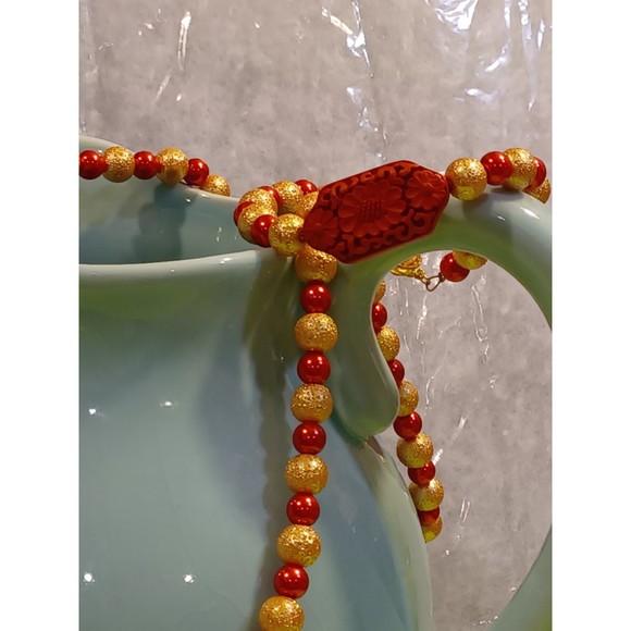 Red & Golden beaded  Cinnabar flower focus bead Necklace Bracelet Set Plus size - Picture 14 of 14